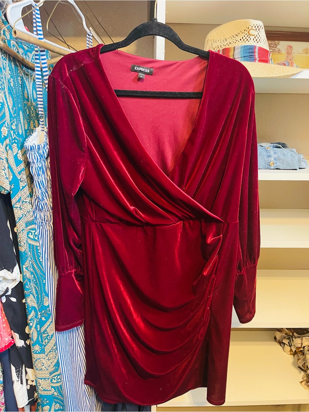 Express Velvet Wrap Dress in Burgundy